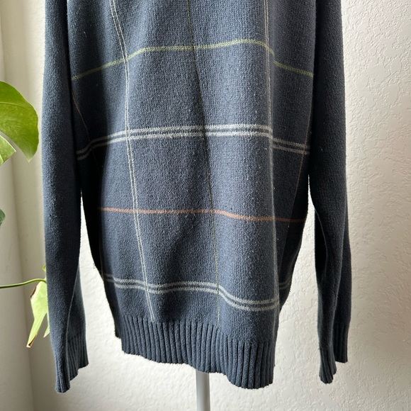 Oscar de la Renta Navy Grey Windowpane Pattern Cotton Crew Neck Dad Sweater L - Picture 3 of 6